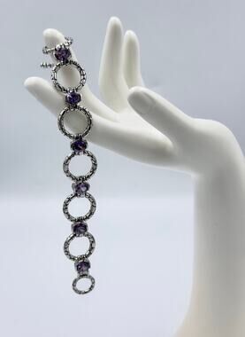 Vintage Silver Tone Amethysts Purple Glass Stones Link Toggle Bracelet